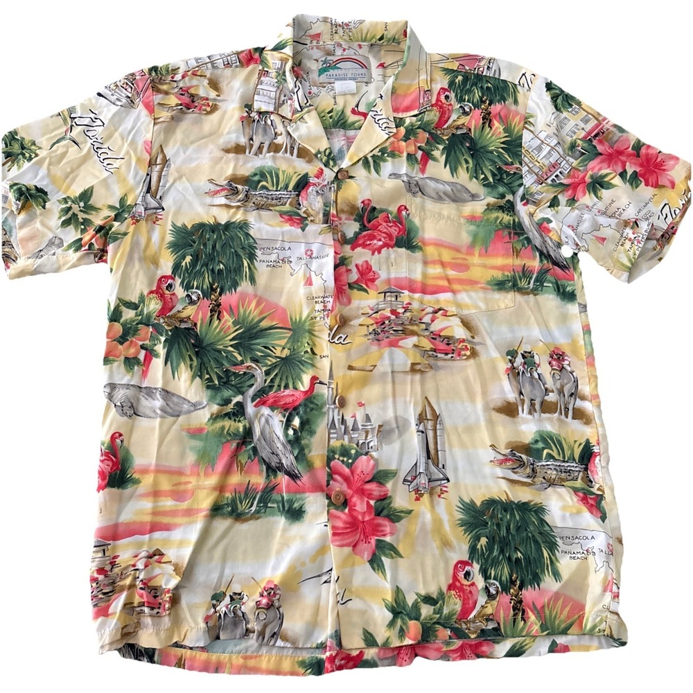 Vintage Paradise Found Shirt Mens M Hawaiian Flamingo Rocket Florida Map Yellow